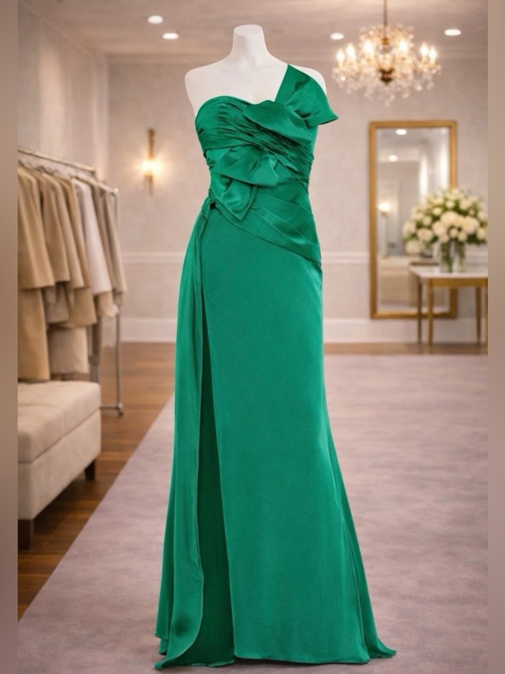 Mac Duggal 20585 Emerald One Shoulder Satin Bow Gown Formal Prom Dress 8 NWT